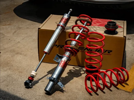 โช๊คอัพและสปริงสีแดงยี่ห้อ Profender วางอยู่บนกล่องที่ใช้สำหรับแพคสินค้า